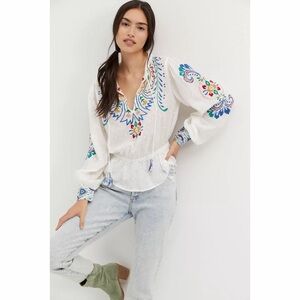 Anthropologie Forever That Girl Embroidered Peplum Blouse White Floral L NWT